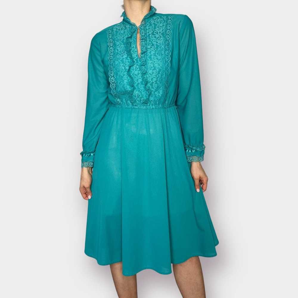 80s Jane Baar Teal Day Dress with Lace Trim - image 6