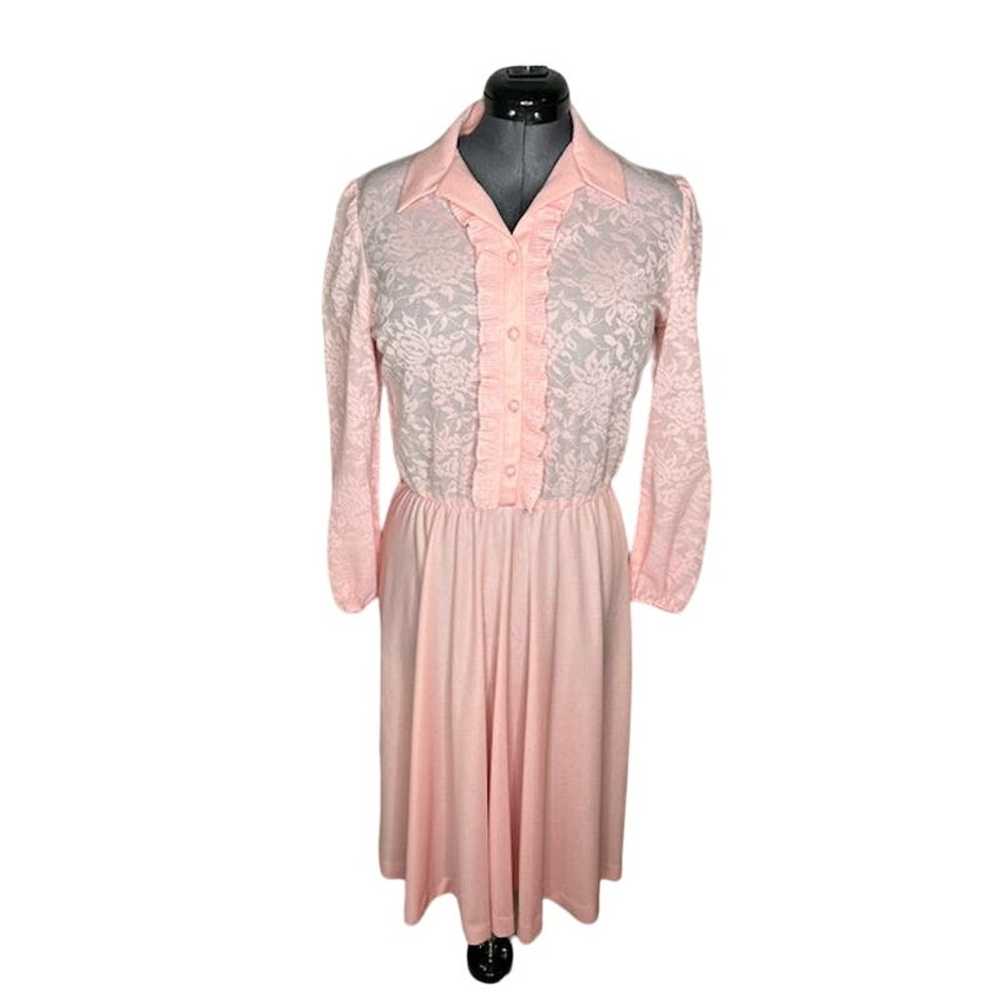 dress 1980s sheer lace bodice ruffle front pink - image 1
