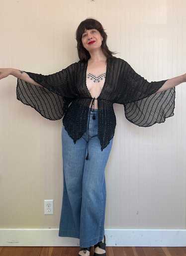 70s Silk and Sequin Drawstring Waist Angel Sleeve… - image 1