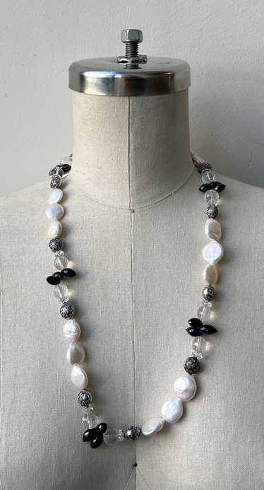 White Biwa Coin Pearls with Black Spinel Briolette