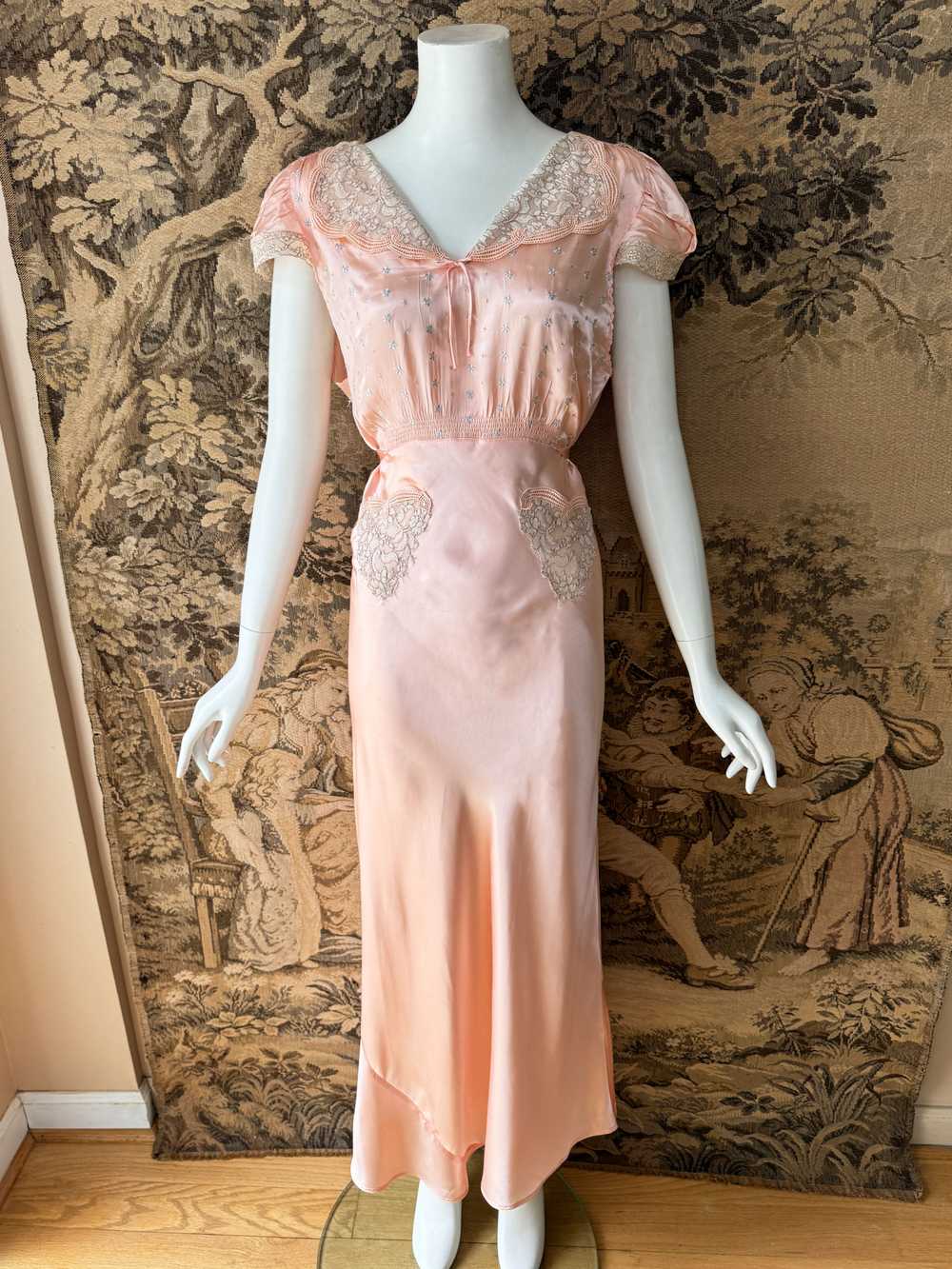 1930s Embroidered Satin Slip Dress - image 2
