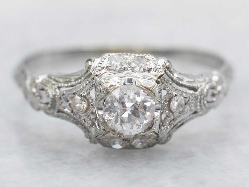 White Gold Old Mine Cut Diamond Engagement Ring w… - image 1