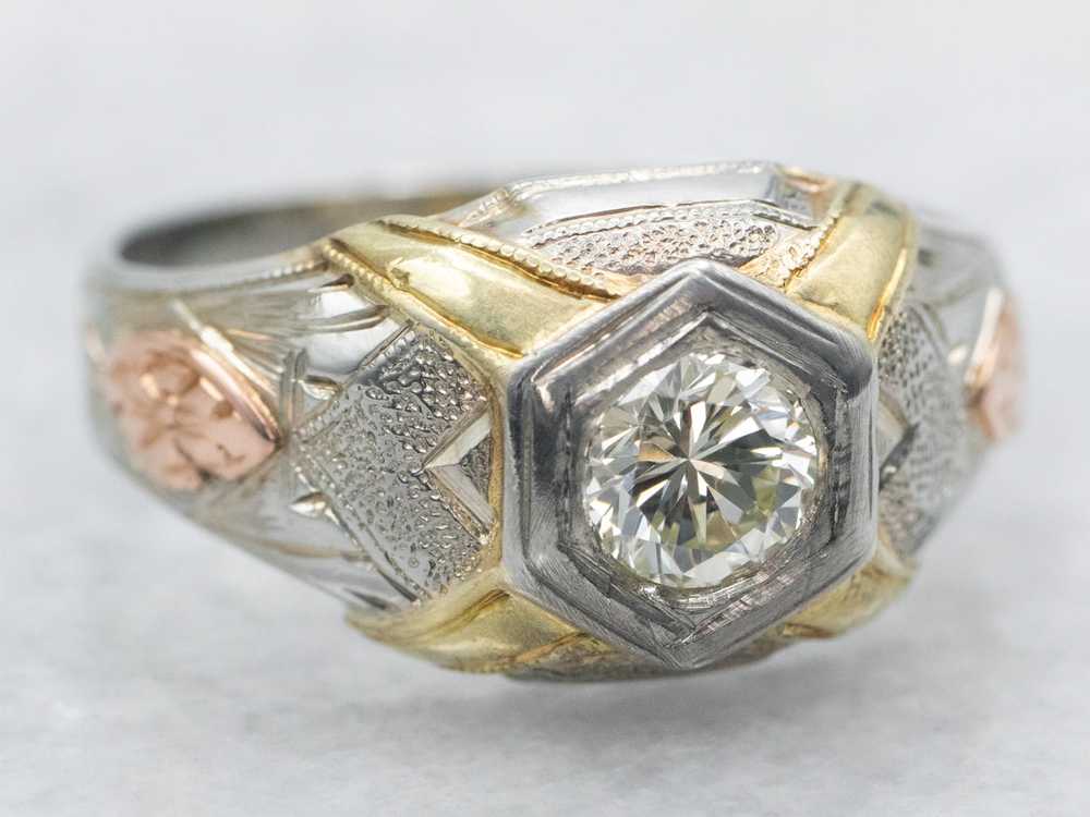 Retro Tri-Color Gold Diamond Engagement Ring - image 1
