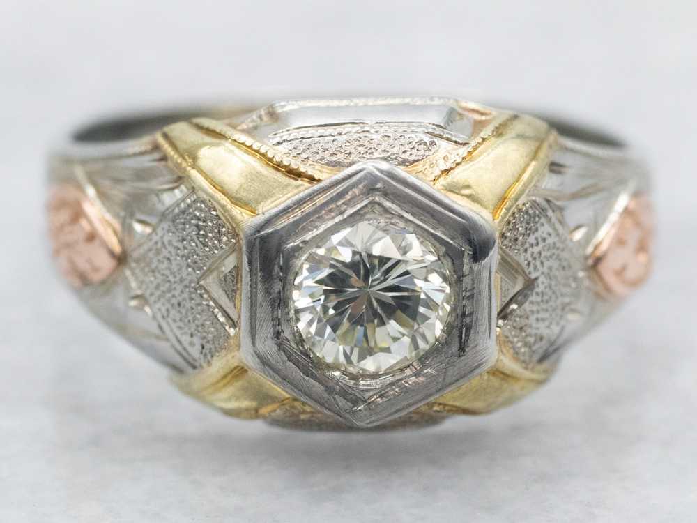 Retro Tri-Color Gold Diamond Engagement Ring - image 2