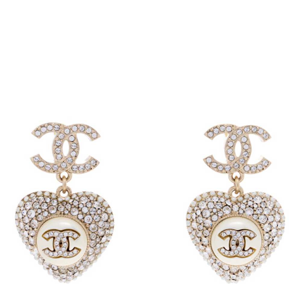 CHANEL Pearl Crystal CC Heart Drop Earrings Gold … - image 1