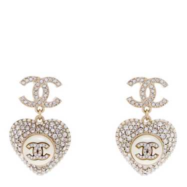 CHANEL Pearl Crystal CC Heart Drop Earrings Gold … - image 1