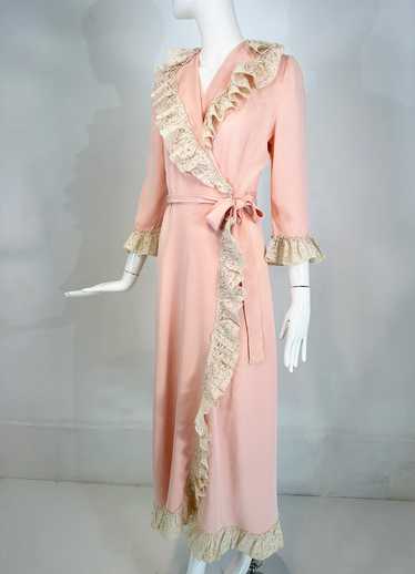 1930s-40s Pink Rayon Cream Lace Trimmed Wrap & Tie