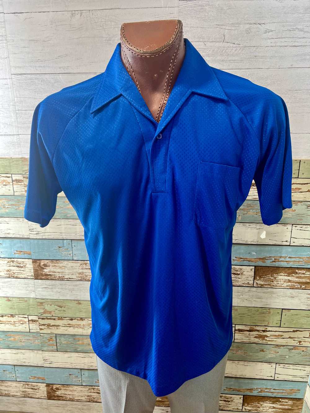 70’s Royal Blue Textured Short Sleeve Disco Colla… - image 1