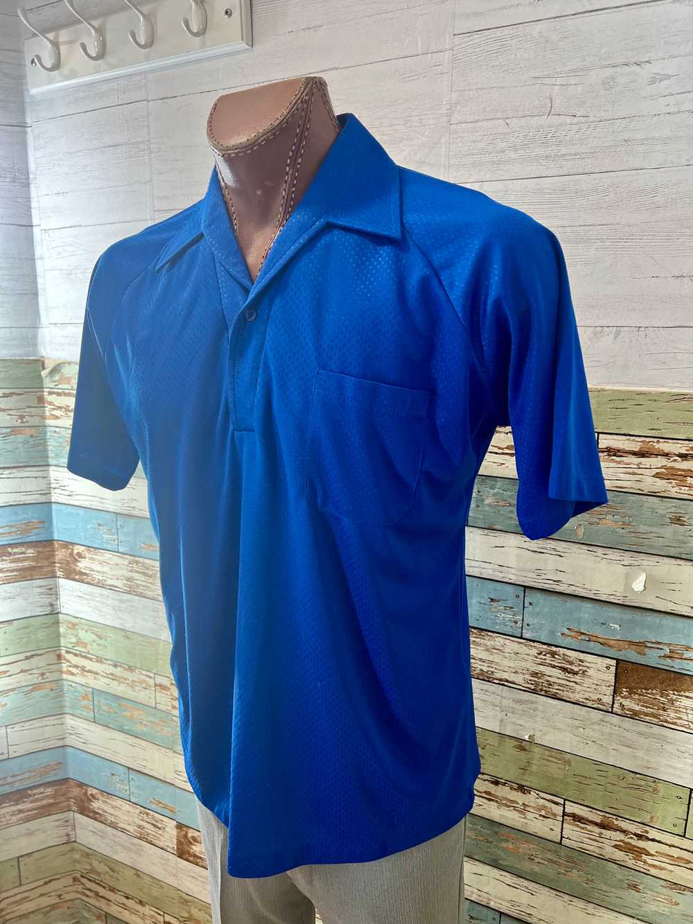 70’s Royal Blue Textured Short Sleeve Disco Colla… - image 2