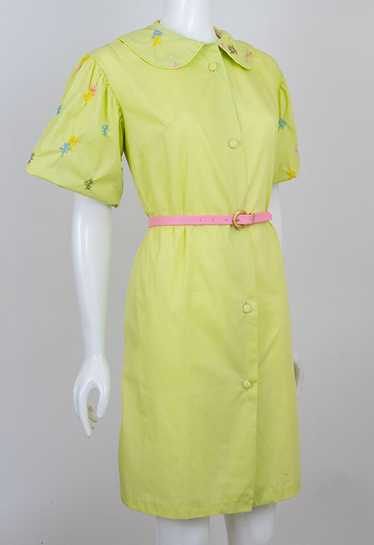 1960s Embroidered Neon Green House Dress