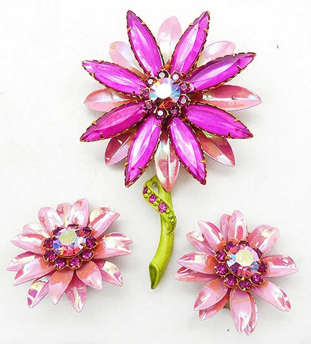 Pink Metallic Enamel Flower Brooch Set - image 1