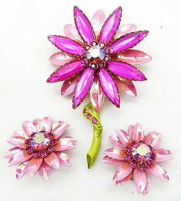 Pink Metallic Enamel Flower Brooch Set