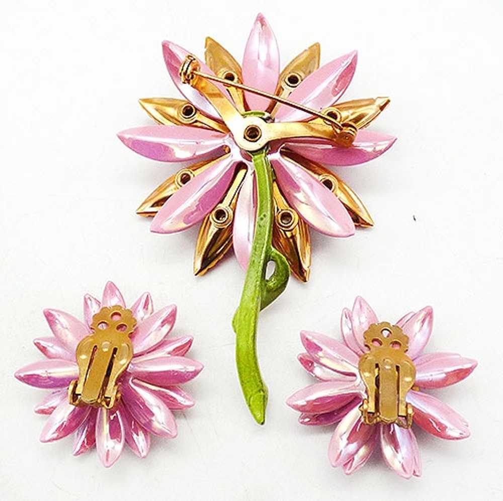 Pink Metallic Enamel Flower Brooch Set - image 2