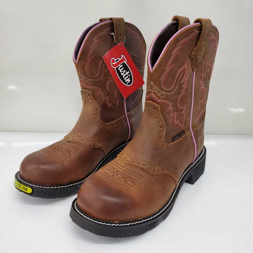 Justin Boots Brown Leather Steel Toe Boots Size 1… - image 5