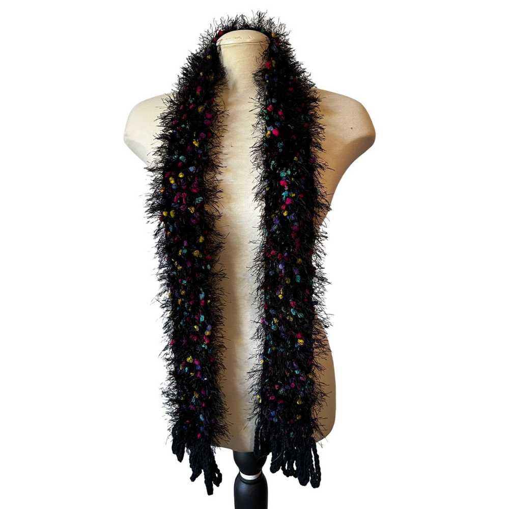 Handmade Handmade Black Fuzzy Crochet Scarf with … - image 3