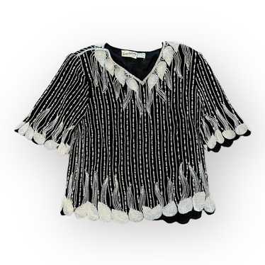 Temptations Vintage Black and White Beaded Silk T… - image 1