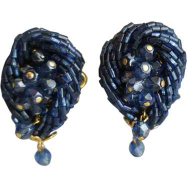 Mid Century Navy Blue Iridescent Glass Bead Clip … - image 1