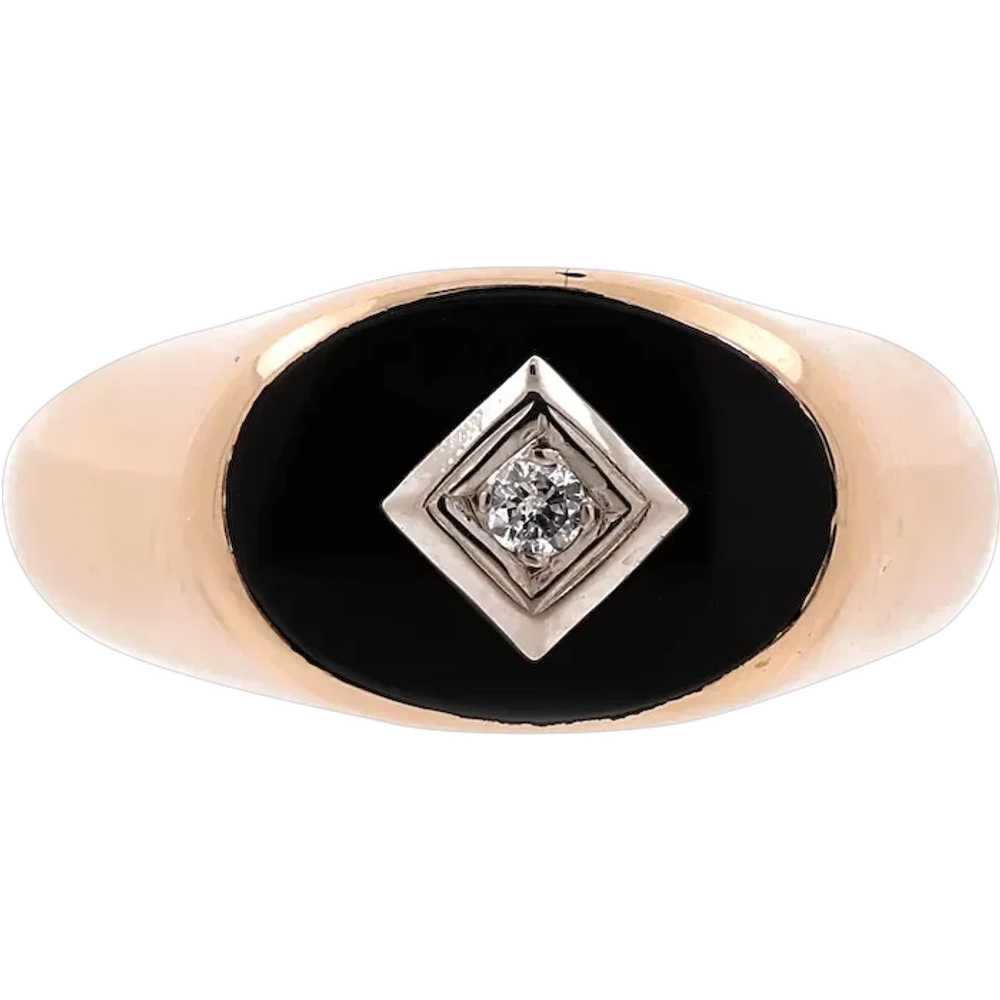 Men's Black Onyx Diamond Signet Ring 10K Gold 0.0… - image 1