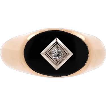 Men's Black Onyx Diamond Signet Ring 10K Gold 0.0… - image 1