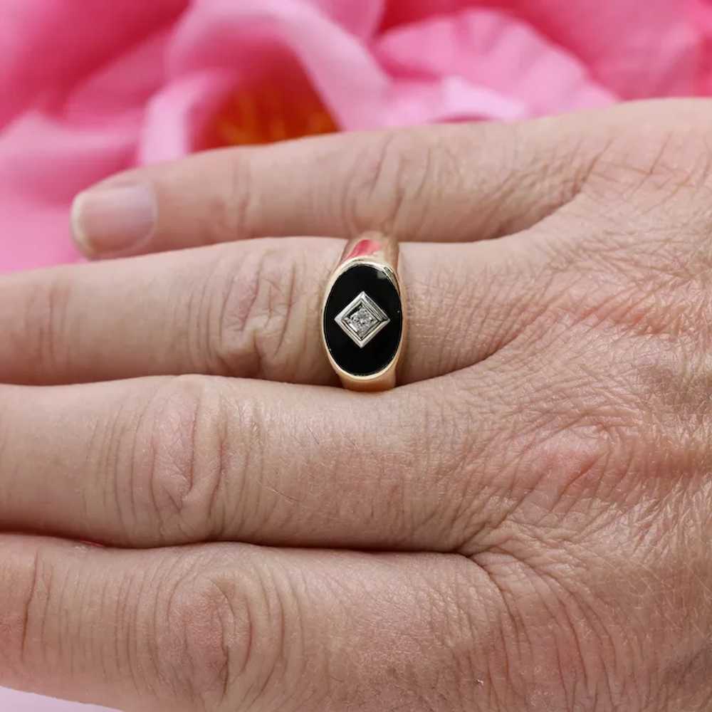 Men's Black Onyx Diamond Signet Ring 10K Gold 0.0… - image 2