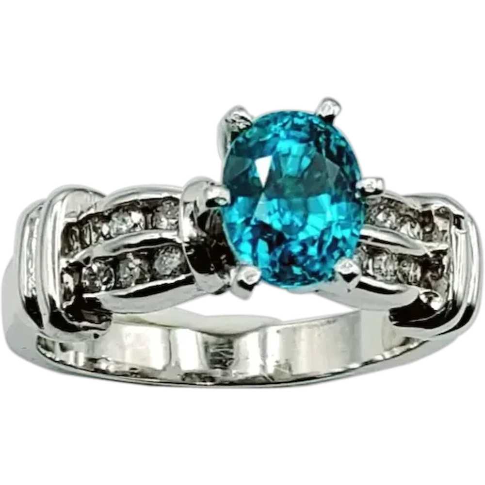 14K White Gold Blue Zircon Diamond Ring - image 1