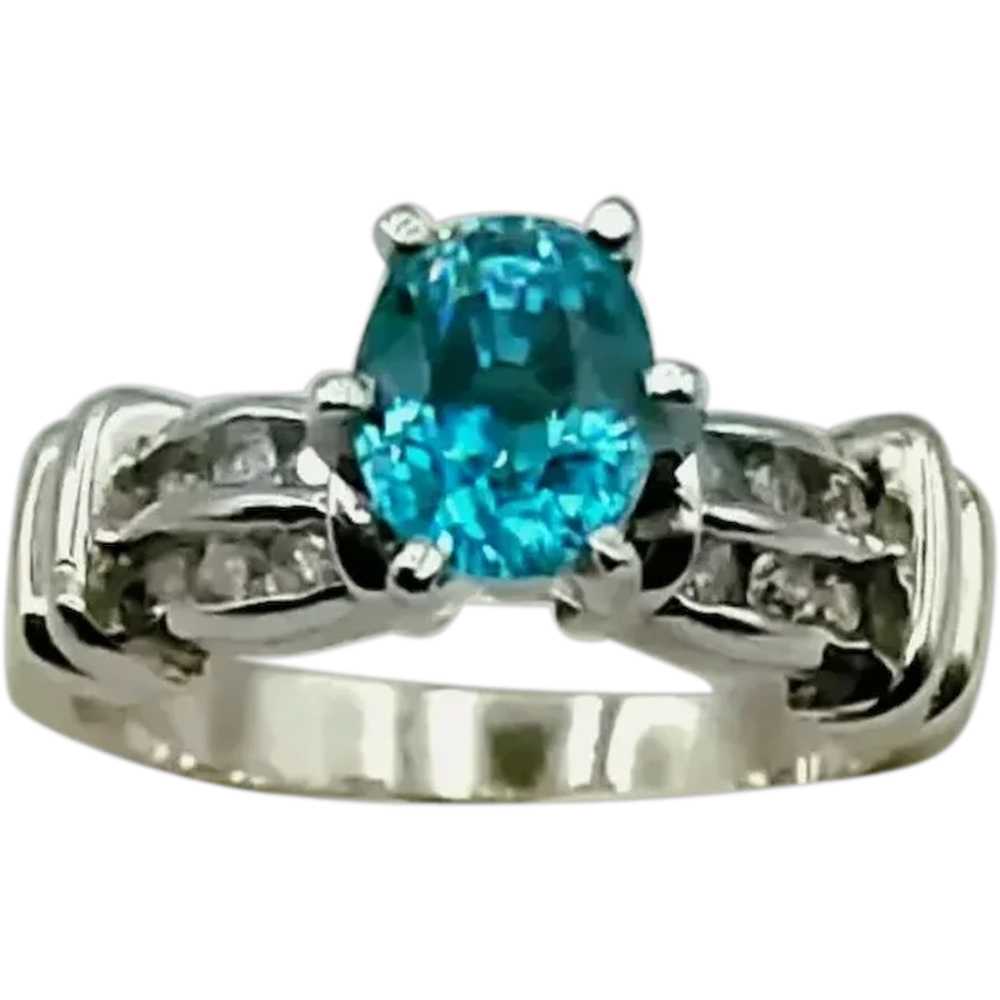 14K White Gold Blue Zircon Diamond Ring - image 2