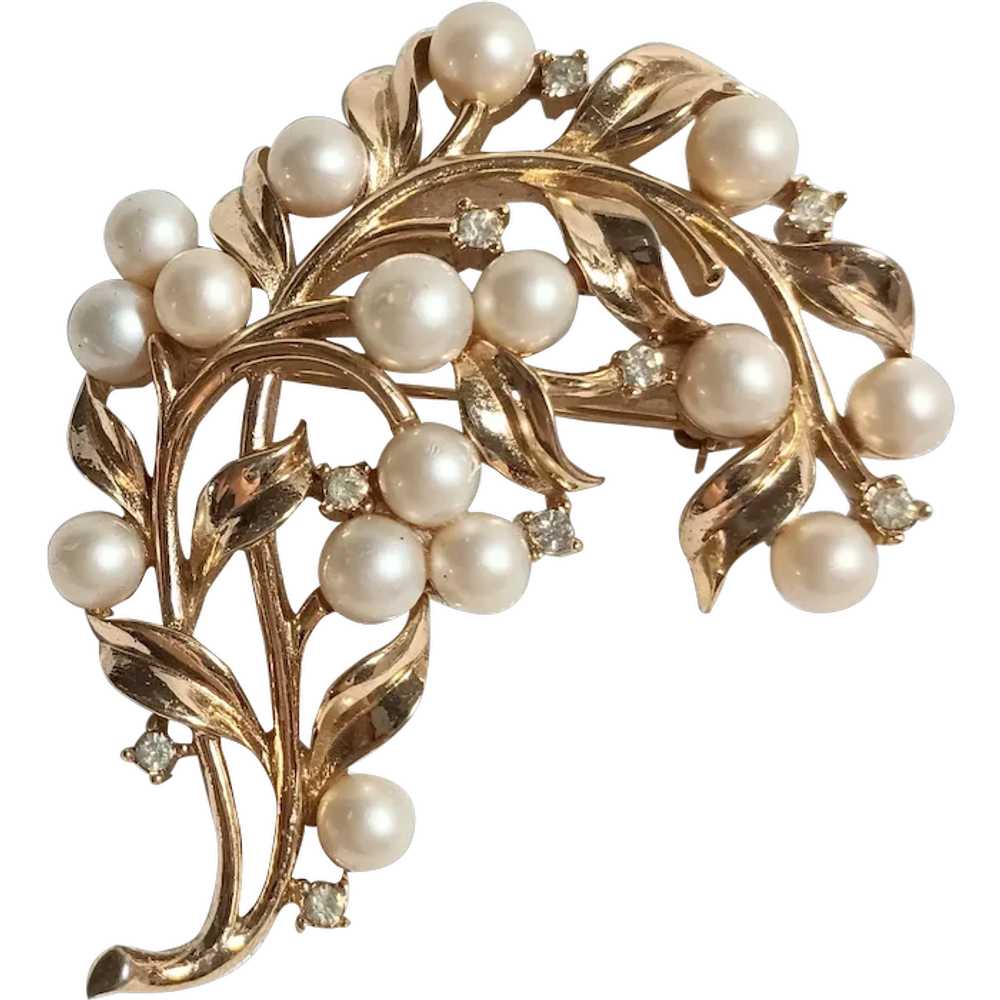 Trifari faux pearl rhinestone bent branch leaves … - image 1
