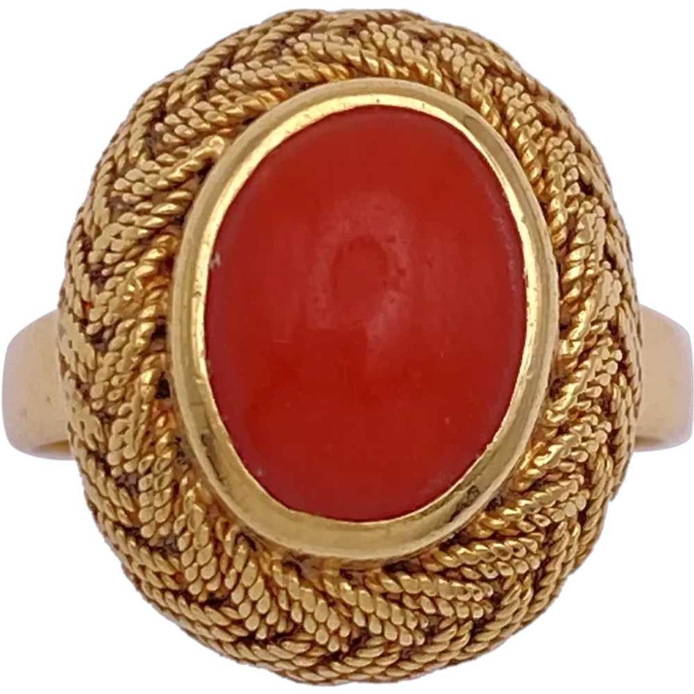 Red Coral Cabochon Vintage Ring 18K Gold - image 1