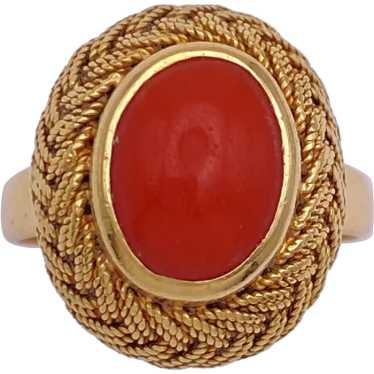 Red Coral Cabochon Vintage Ring 18K Gold