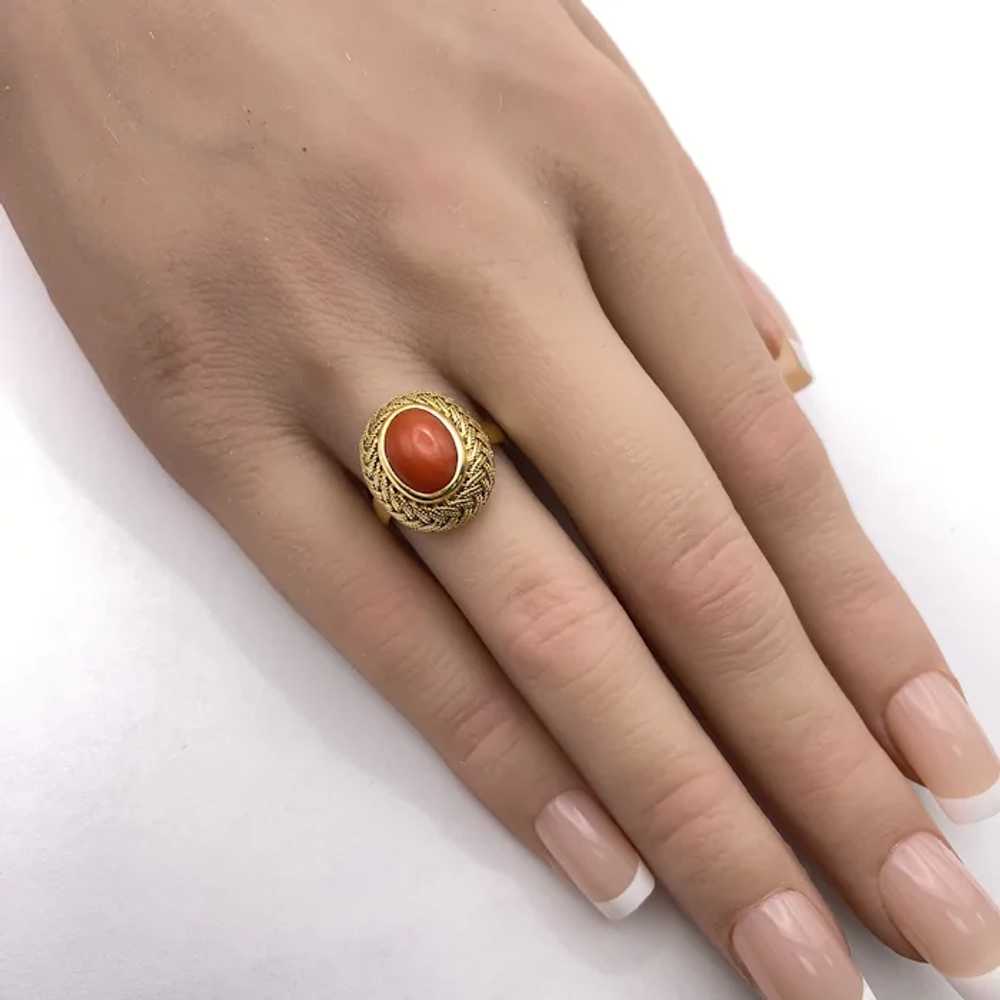 Red Coral Cabochon Vintage Ring 18K Gold - image 2