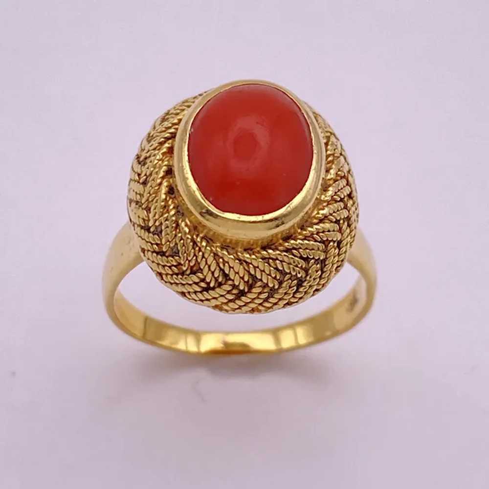 Red Coral Cabochon Vintage Ring 18K Gold - image 3