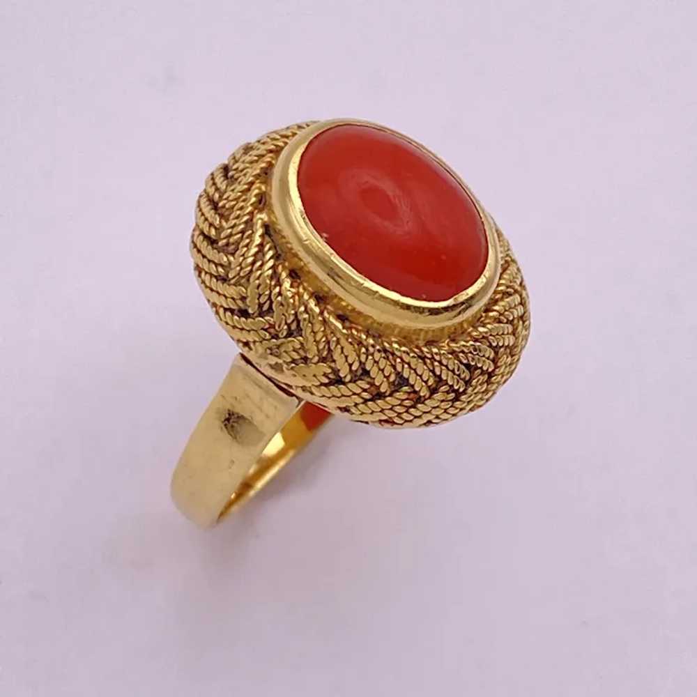 Red Coral Cabochon Vintage Ring 18K Gold - image 4