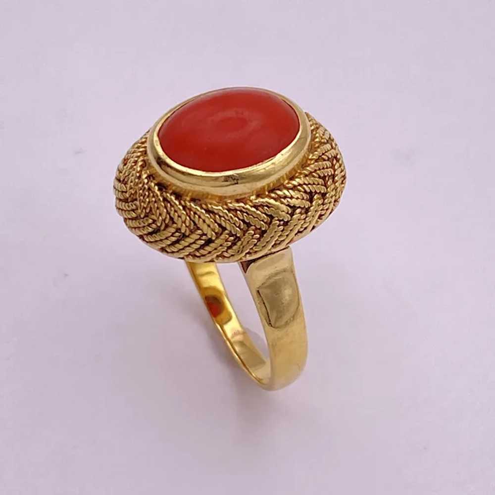 Red Coral Cabochon Vintage Ring 18K Gold - image 5