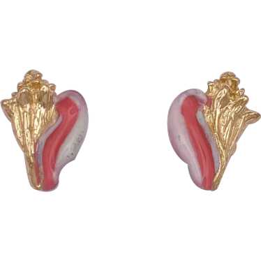 Conch Sea Shell Stud Earrings 14K Gold and Enamel