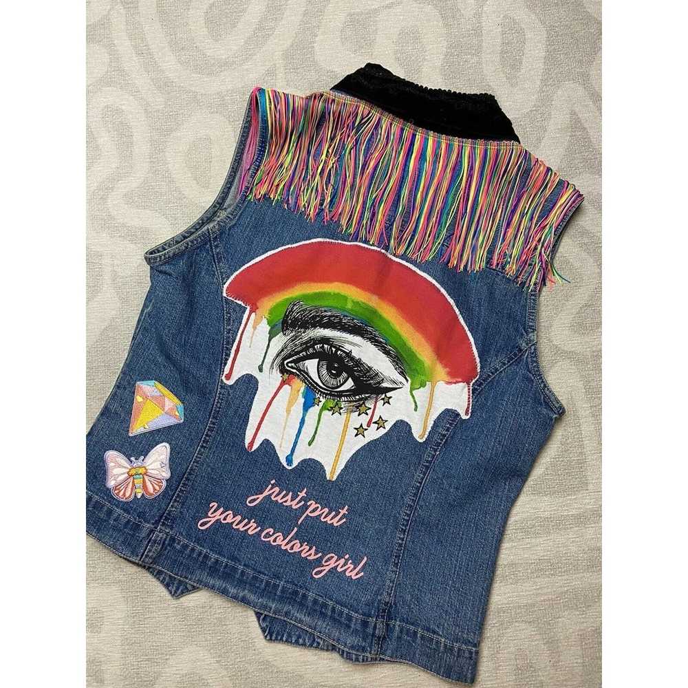 Ke$ha Rainbow Tassel Upcycled Denim Vest, Size Me… - image 1