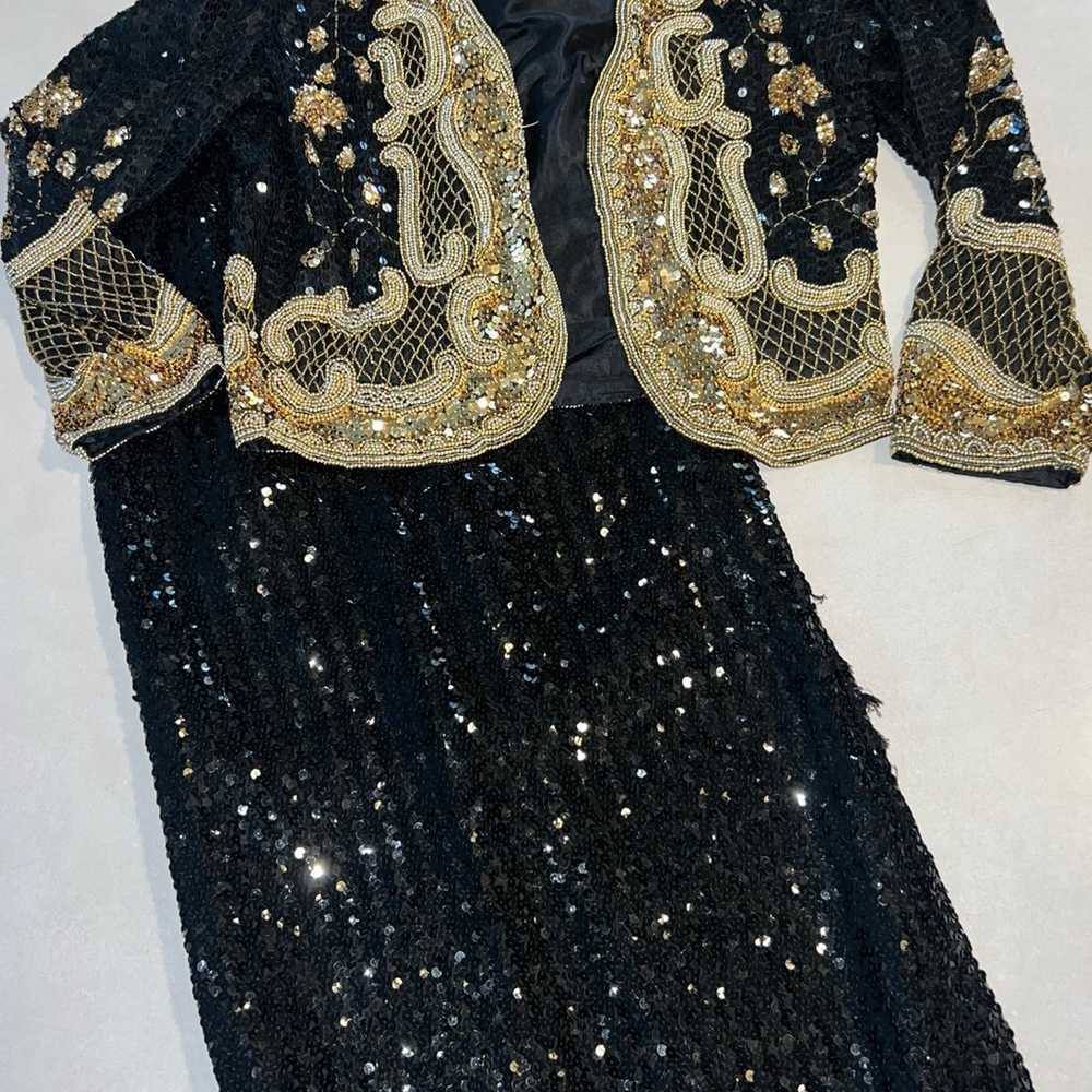Vintage Sequin Jacket and Skirt Set XXL Black Gol… - image 1