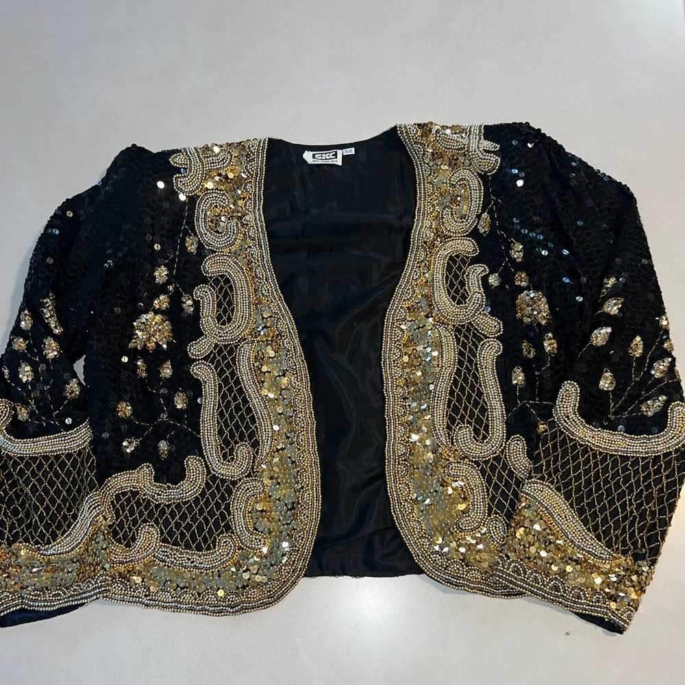 Vintage Sequin Jacket and Skirt Set XXL Black Gol… - image 4