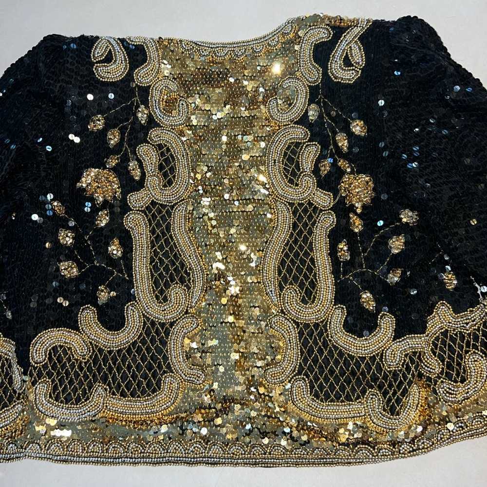 Vintage Sequin Jacket and Skirt Set XXL Black Gol… - image 8