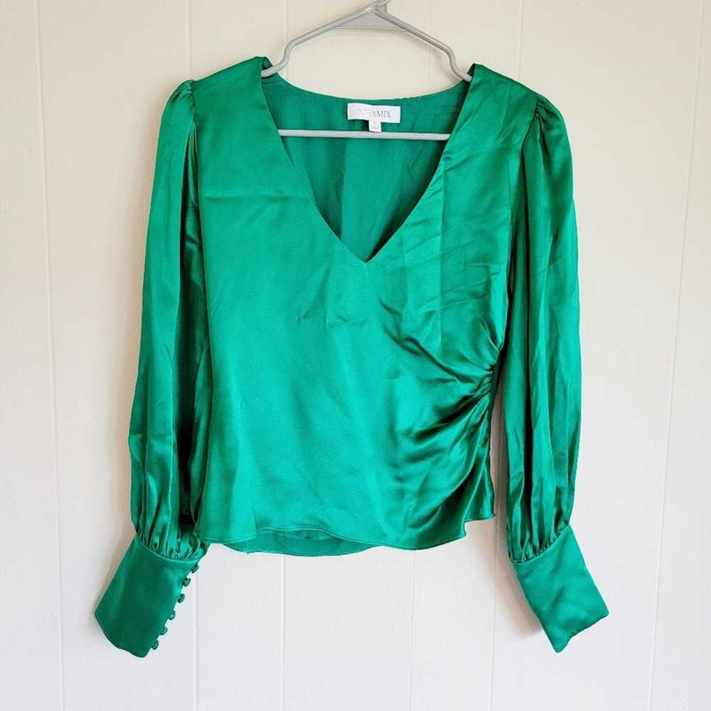 Intermix Ashley Emerald Green Silk V-neck Blouse - image 2