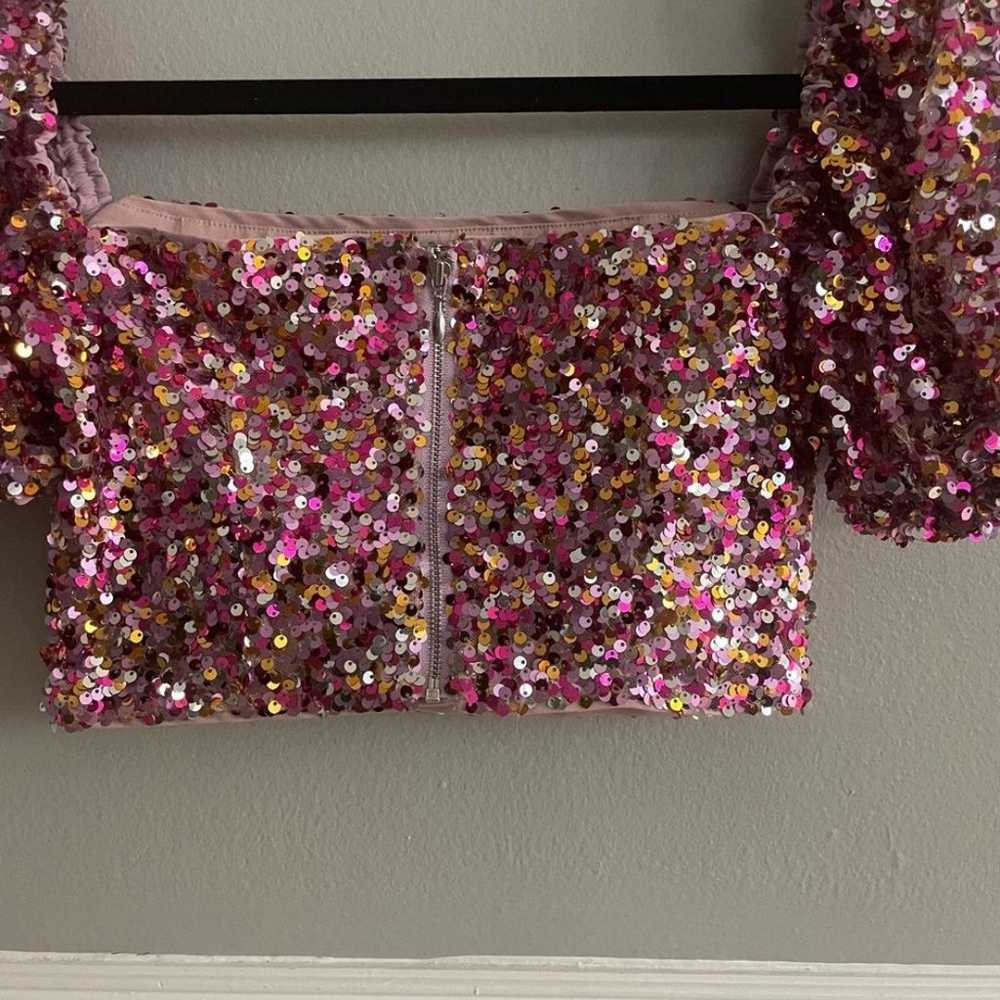 LPA Sequin Short Puff Sleeve Crop Top Multi Pink … - image 10