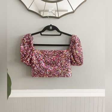 LPA Sequin Short Puff Sleeve Crop Top Multi Pink … - image 1