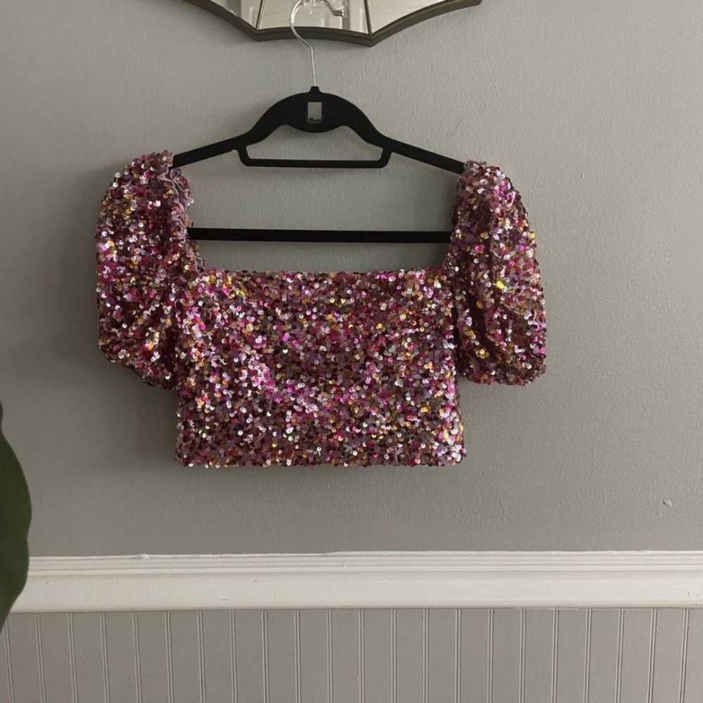 LPA Sequin Short Puff Sleeve Crop Top Multi Pink … - image 2