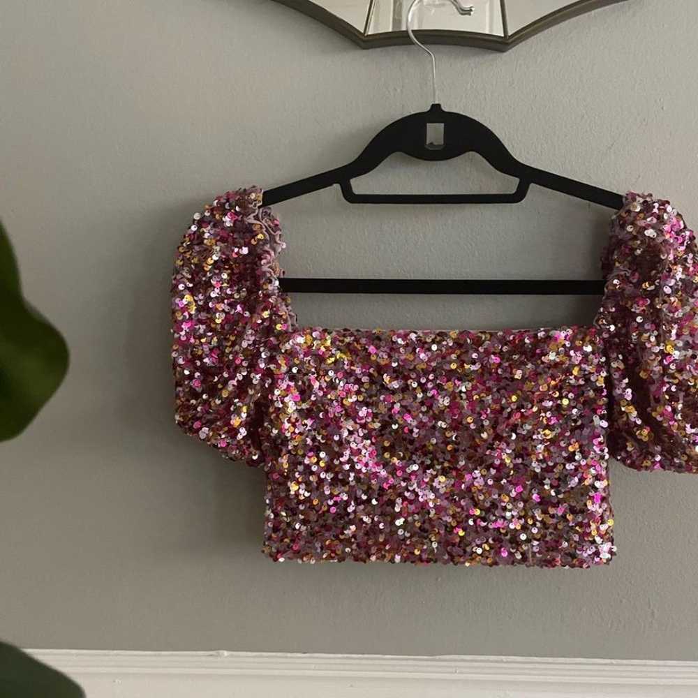 LPA Sequin Short Puff Sleeve Crop Top Multi Pink … - image 3