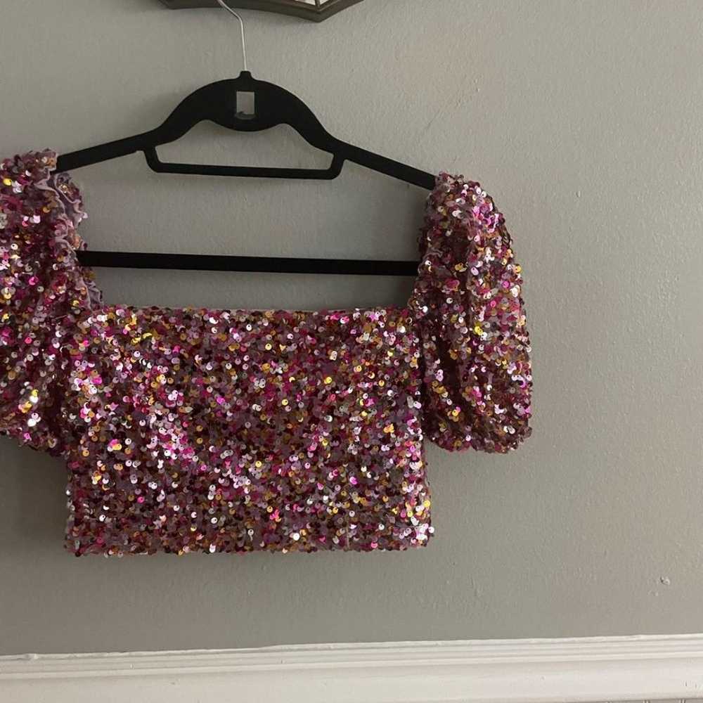 LPA Sequin Short Puff Sleeve Crop Top Multi Pink … - image 4