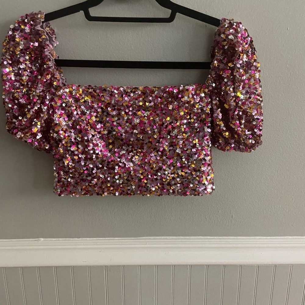 LPA Sequin Short Puff Sleeve Crop Top Multi Pink … - image 5