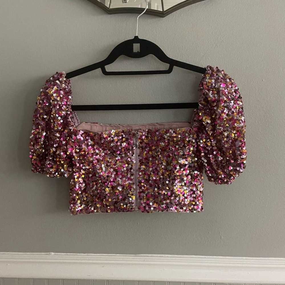 LPA Sequin Short Puff Sleeve Crop Top Multi Pink … - image 7