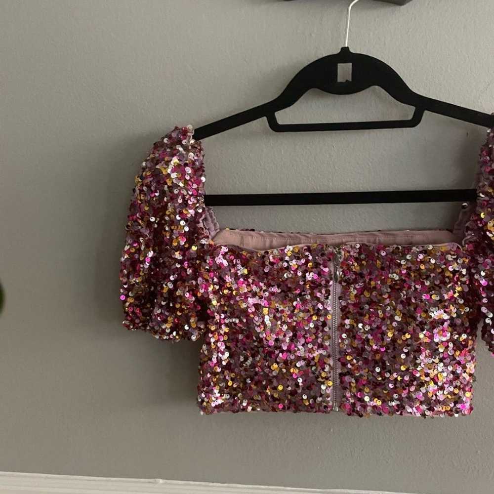 LPA Sequin Short Puff Sleeve Crop Top Multi Pink … - image 8