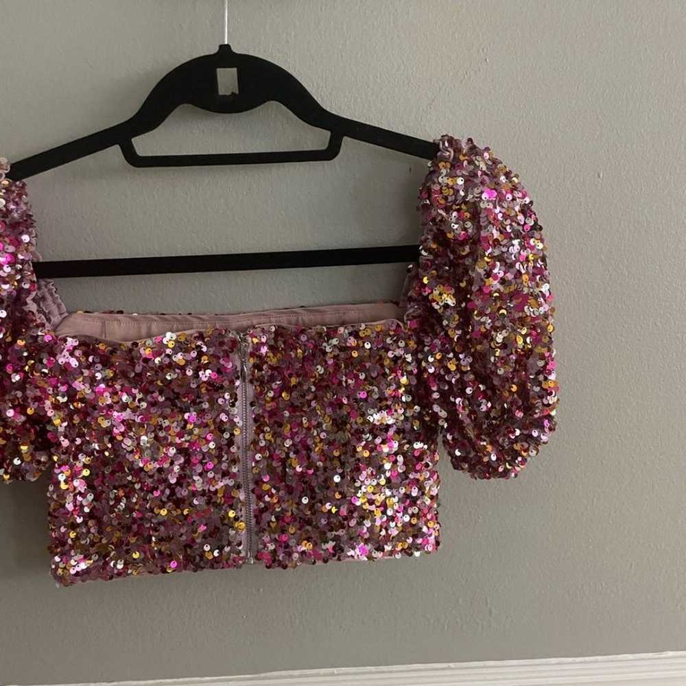 LPA Sequin Short Puff Sleeve Crop Top Multi Pink … - image 9