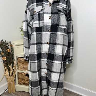Womens Plaid Flannel Button Long Coat