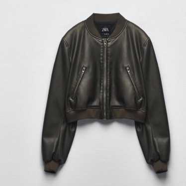 Zara Dark Brown Faux Leather Bomber Jacket